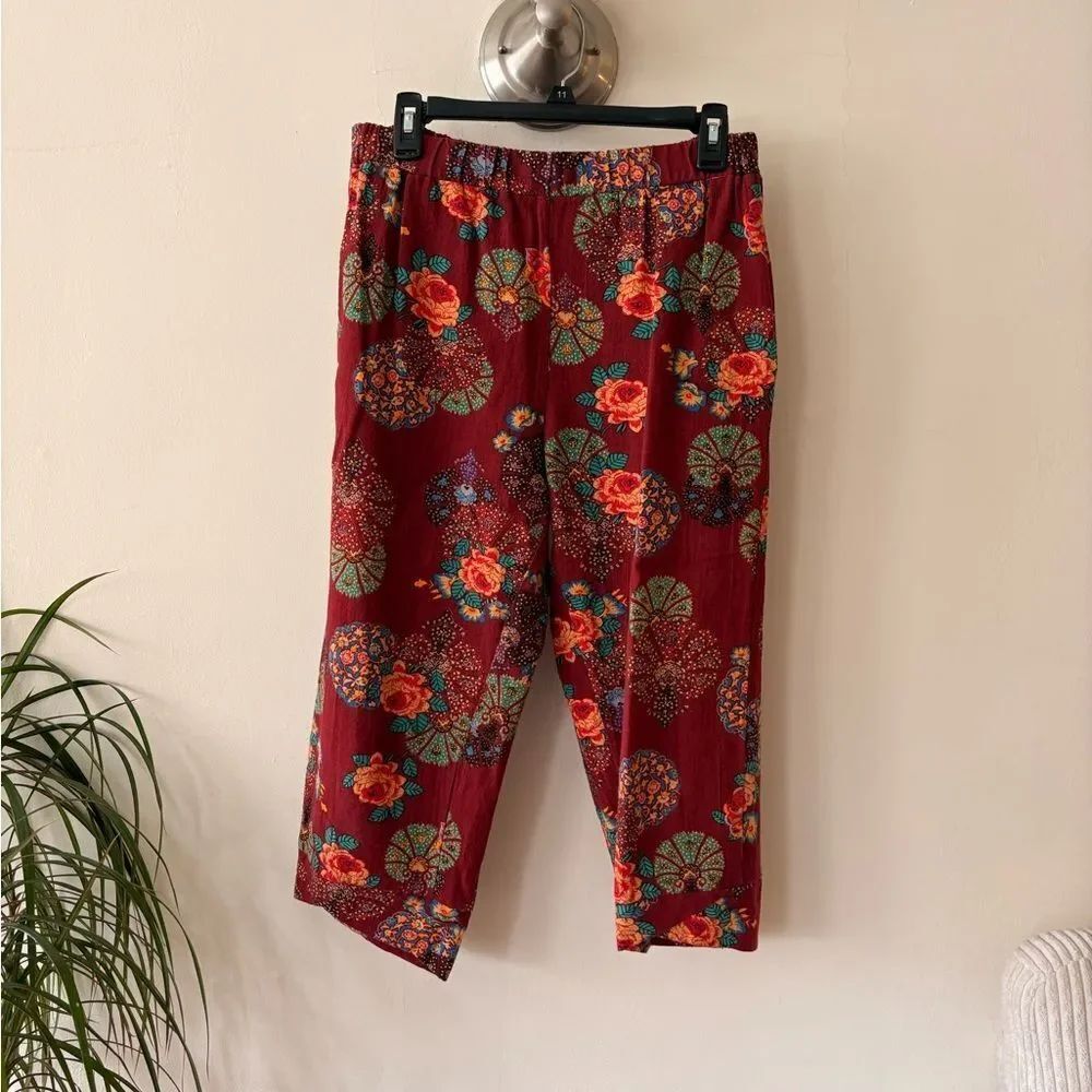 Women's Maroon Floral Elastic-Waist Hippie Cropped Pants Size Large